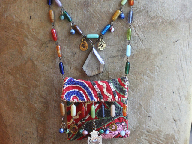 Antique Embroidered Textile Pouch Necklace with Rare Antique IOOF All Seeing Eye,Antique Art Deco Beads,Clear Quartz Stones & More!
