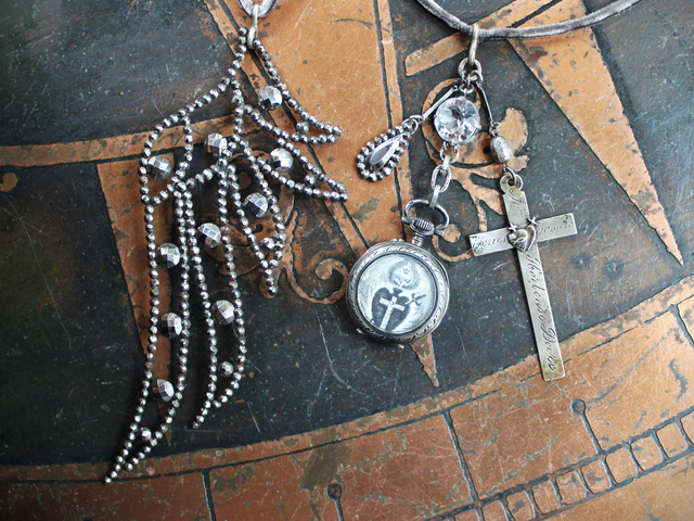 You Have Wings Necklace Set with Antique Cut Steel Wing, Rare Antique French 1903 Engraved Sacred Heart Cross,Antique Sterling Watch Locket & More!