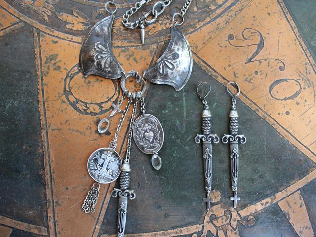 Your Own Strength Necklace & Earring Set with Unique Sterling Findings, Sterling Sacred Heart Medals, Swords and Bezel Set Faceted Crystals
