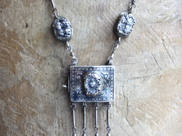 Antique Sacred Heart Kuchi Prayer Box Necklace with Vintage Bar Link and Kuchi Finding Chain