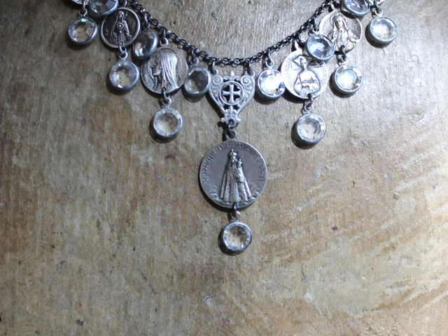 Rare Antique French Our Lady of Myans Necklace with Multiple Antique French Medals,Sterling Cross Connector, Faceted Crystal Drops and Sterling Chain