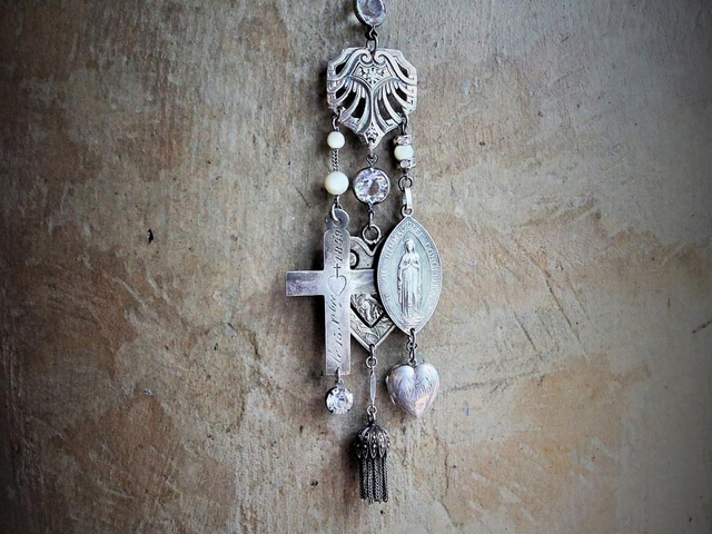  Our Mother Necklace w/RARE Tiny Sterling Ex Voto Locket,Sterling Mother's Heart Medal,Penin Marian Medal,Antique Sterling Nun's Cross