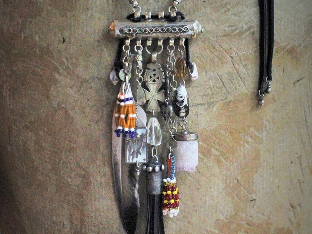 Joy & Pain Necklace w/Antique Gypsy Kuchi Pendant,Sterling Engraved 3 of Swords Tarot Medal,Antique Beaded Banajra Tassels,Faceted Clear Rock Quartz+ More!