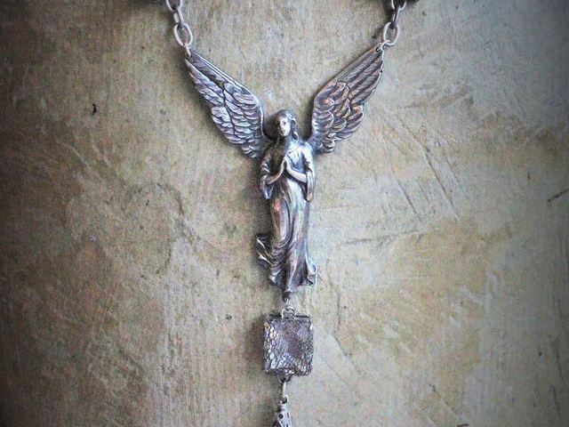 Pure Angel Necklace w/Cast Bronze Winged Angel,Vintage Lace Overlay Faceted Prong Set Glass,French Sacred Heart Medals, Antique Sterling Chain