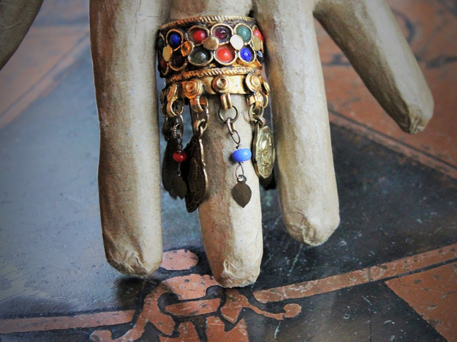 Amazing Antique Kuchi Gypsy Gold Ring w/Antique French Medals,Tiny Gypsy Bead and Heart Drops