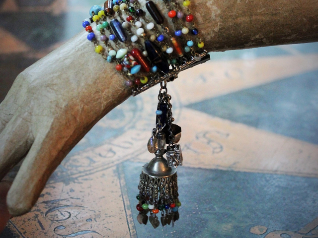 Raise You to the Heavens Bracelet w/12 Antique Mardi Gras Bead Strands,Antique Kuchi Gypsy Tassel,Antique Marian Medal,Antique Coptic Cross and Much More!