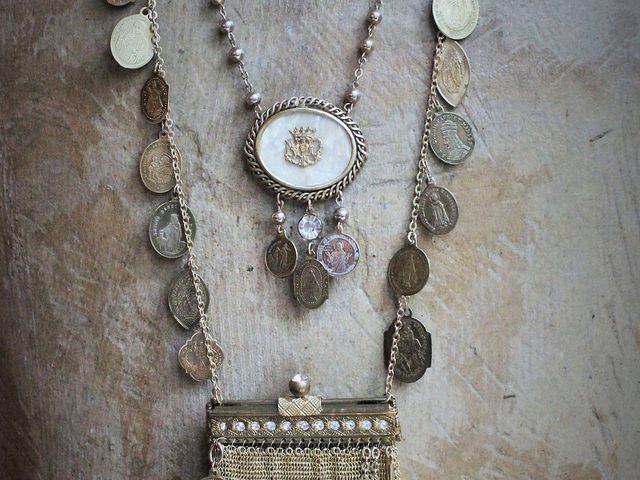 Antique French Medal Charm Necklace Set w/Antique Mesh Purse,Antique Scapular & Pocket Shrine,Antique Notre Dame Finding,Hallmarked Gold Cross & Antique Crystal Drops