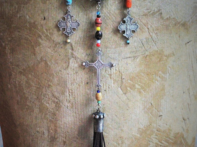 Hand Stitched Vintage Denim Necklace w/French Marian 4 Way Crosses, Antique Mardi Gras Beads, Artisan Leather Tassel, Sterling Clasp