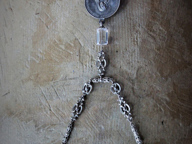 Queen of the Virgins Necklace w/Antique German Marian Medal, Antique Etruscan Chain, Antique Faceted Rock Crystal Connector
