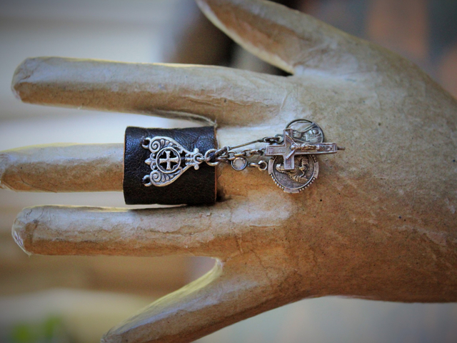 Distressed Leather Band Ring w/RARE Tiny Antique French Reliquary Cross,Antique French Sacred Heart of Jesus Medal,Antique Fatima Sacred Heart Marian Medal
