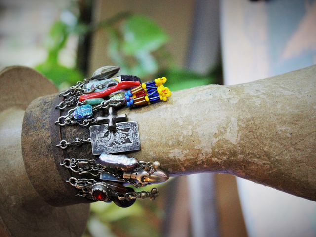 Distressed Leather Gypsy Charm Cuff Bracelet w/Sterling Tarot Medal,Mini Sterling Perfume/Oil Vessel,Antique Sterling Puffy Star & Crescent Moon Drops,Multiple