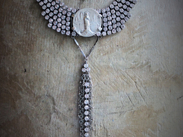 Antique European Faceted Winged Rhinestone Necklace Set w/Antique French Benitier Marian Finding,Vintage Sterling Link and Tiny Ball Chain,Chain Tassel