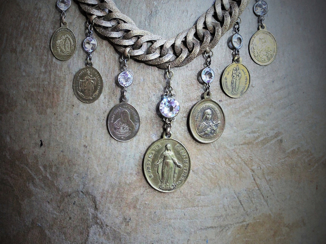 Show Yourself a Mother Necklace w/Exceptional Antique French Marian Medal, Antique Bezel Set Faceted Rock Crystal Connectors, Antique Embossed Link Chain