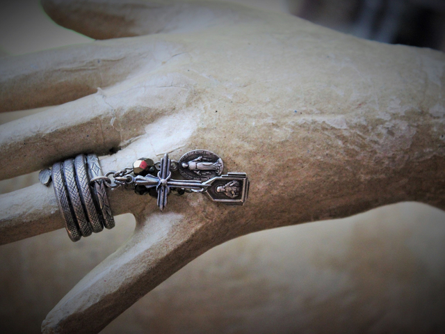 The Triumph Ring w/Antique Sterling Coiled Serpent Band,Antique French Marian & Sacred Heart of Jesus Medals,Antique Sterling Cross,Antique Faceted Glass Bead Connectors