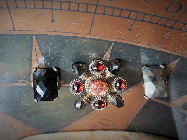 PRICE REDUCED! Majestic Dweck Ring Trio - Checkerboard Faceted Pyrite, Checkerboard Faceted Onyx and AMAZING Smoky Topaz & Garnet Statement Ring