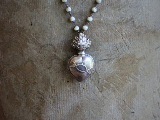 Price Reduced! RARE Antique French Sterling Flaming Sacred Heart Ex Voto Necklace w/Antique French Sterling Mother of Pearl Rosary Chain
