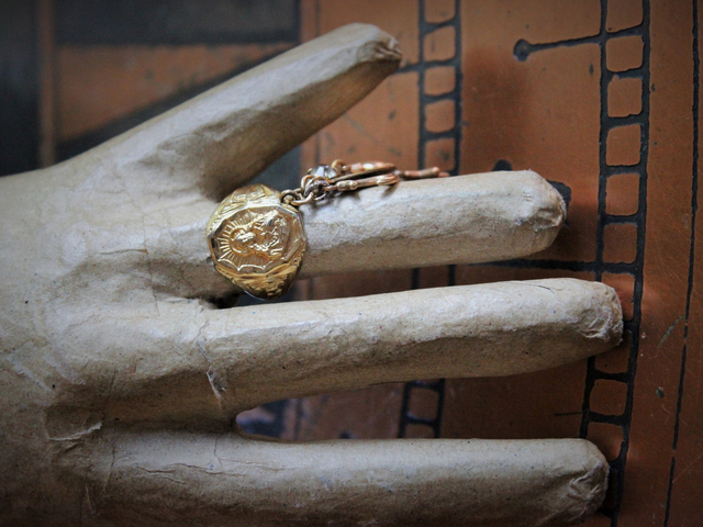 Antique Sterling Vermeil Sacred Heart of Jesus Ring w/Antique Gold Faith,Hope & Charity Medals,Antique French Sacred Heart of Jesus & Marian Medal