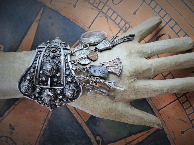 Gypsy Soul Cuff Bracelet w/Antique Etrusceana Silver Buckle Cuff, Antique Sterling Locket w/Saint Sarah of the Gypsies Image,Sterling 'The Magician' Tarot Medal & Much More!
