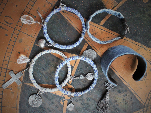 Stacking Distressed Denim, Kantha & Leather 5 Bangle Set w/Engraved French Mater Amabilis Cross,Flaming Sacred Heart Medal,Sterling 4 Way Cross & Tassel + More!