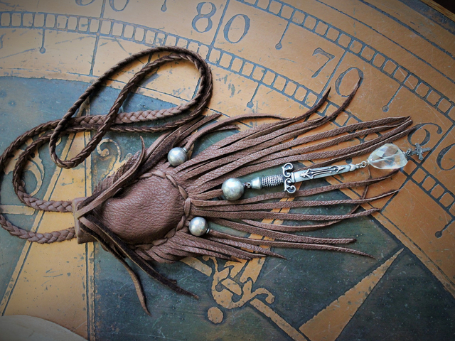 Where Light enters You Necklace w/Butter Soft Braided Brown Suede Leather Pouch, Antique Sterling Old Pawn Beads,Highly Detailed Sword Medal,Faceted Rock Quartz Nugget & Tiny IHS Cross