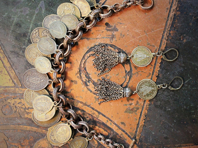 Solid Bronze Gold Antique French Medal Bracelet & Earring Set w/Multiple Antique French Medals, Vintage Chain Tassels & Bronze Earring Wires