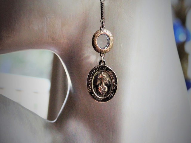 Antique Bezel and Prong Set Bronze Faceted Rock Crystals & French Engraved Nun's Medals Earrings - Free with Purchase of Necklace Set - See Details!
