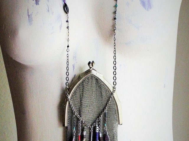 The Bohemian Life Necklace with Antique Whiting & Davis Mesh Pouch, Multiple Dangles & Findings, Antique Fiancee Compact, Faceted Sterling Wire Wrapped Chain Fragments