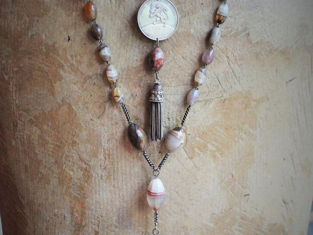 Spreading Light Necklace Set w/Rare Antique Scottish Banded Agate Rosary Chain, Antique French Sacred Heart Cross and Rare Antique 1844 Penin Lion Medal