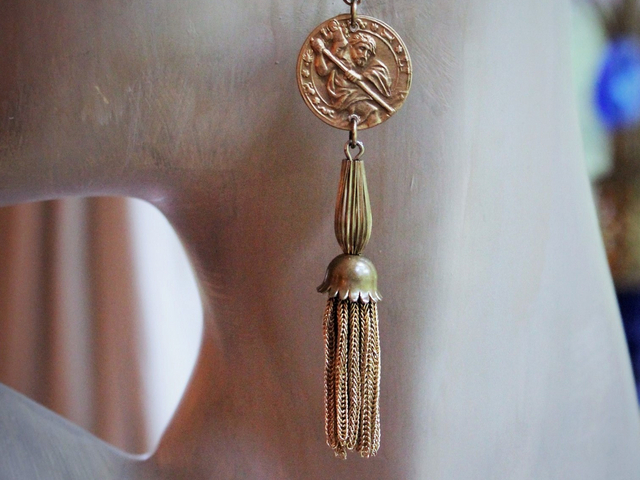 Rare Matching Antique Astrological Saint Christopher Earrings with Antique Foxtail Chain Tassels & Gold Filled Leverback Earring Wires