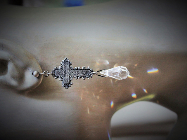 Fill my Heart with your Love Earrings w/French Engraved Crosses, Antique Faceted Rock Crystal Tear Drops,Sterling Posts