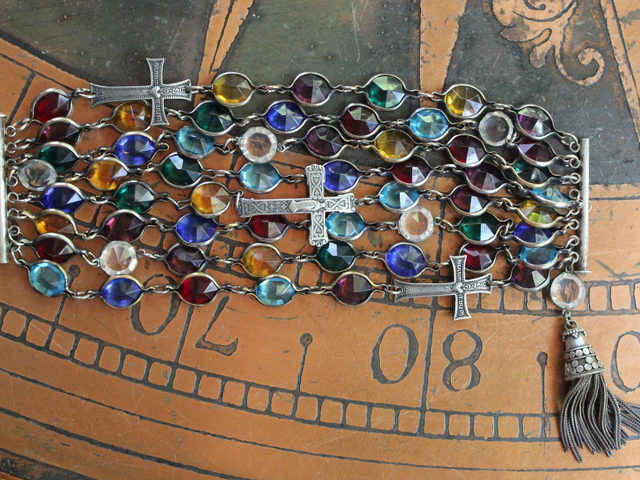 Unique Multi Color Bezel Set Faceted Glass 8 Strand Bracelet w/French Crosses and Antique Foxtail Chain
