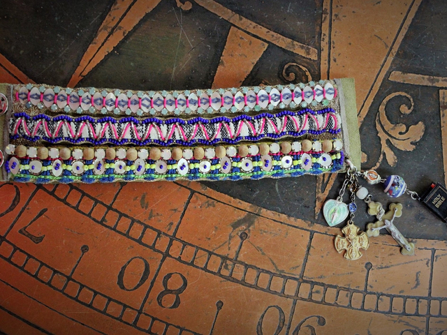 Colorful Bohemian Bracelet with Antique Stanhope Bible Charm, Vermeil Scapular Medal, Antique Mother Mary Heart & More!