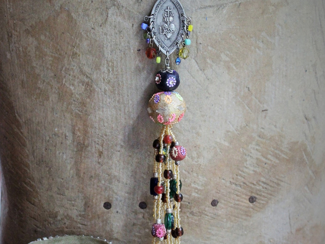 Bohemian Sacred Heart Medal & Beaded Tassel Flapper Length Necklace 