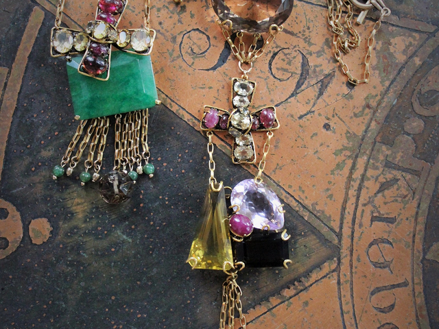 Faceted Amethyst, Smoky Topaz, Citrine, Ruby & Pink Tourmaline Gemstone Necklace Set w/Amazing Iradj Moini Findings, Gemstone Bead Drops & Vintage Link Chains