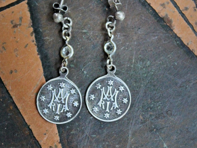 Sterling Ave Maria Earrings w/Matching Initials AM Maria Medals,Antique Bezel Set Crystal Connectors,Vintage Sterling Ball Posts