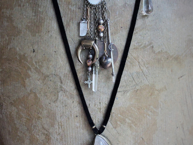 Bronze Dweck Polished Rock Quartz Crescent Moon  Necklace with Antique Polished Rock Quartz Drops & Black Suede Leather Ties