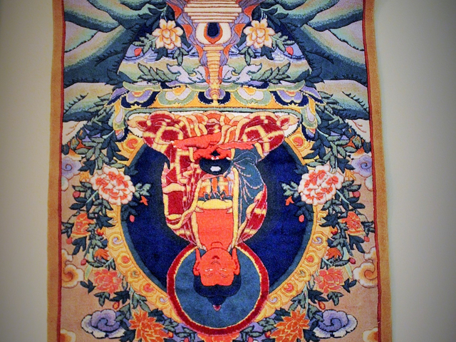 Large Carved Wool Buddha Hand Loomed Wall Hanging with Rod