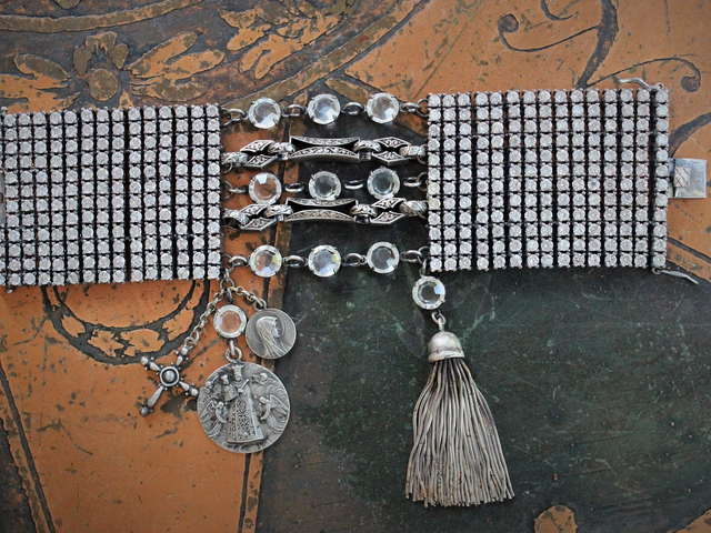 SHINE Bracelet with Prong Set Faceted Zircon and Crystal Stones,Antique Sterling Engraved Links,Antique French 800 Sterling Medal,Antique Sterling Cross,Distressed Sterling Tassel