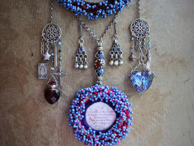 The 3 Initiates Necklace with Antique Beaded Kuchi Gypsy Trim and Medallion,Pillars of Creation Glass Heart,Sterling The Hierophant Tarot Medal & Much More!