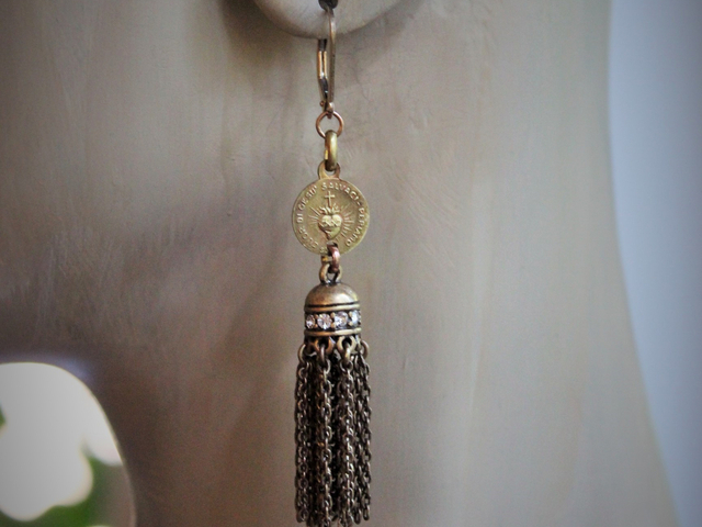 NEW! Antique Flaming Sacred Heart Earrings with Unique Rhinestone Chain Tassels & Gold Fill Earring Wires