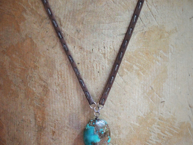 Be Soulful Necklace with Polished Rock Quartz Point, Polished Turquoise Nugget, Hand Stitched Leather Ties, Sterling Toggle Clasp