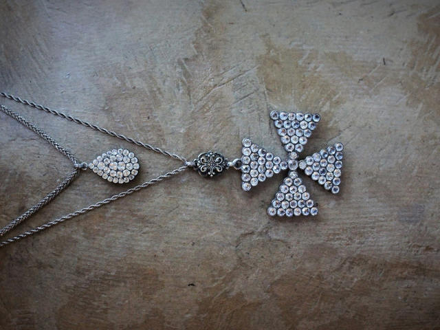 AMAZING Antique Georgian Paste Cross & Tear Drop Necklace Set with Sterling Chains