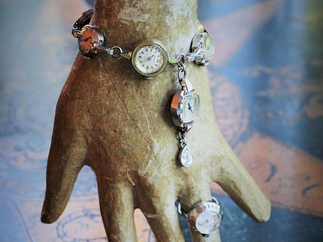 Circle of Time Bracelet and Ring Set with 7 Vintage & Antique Watches, Vintage Faceted Tear Drop & Sterling Toggle Clasp