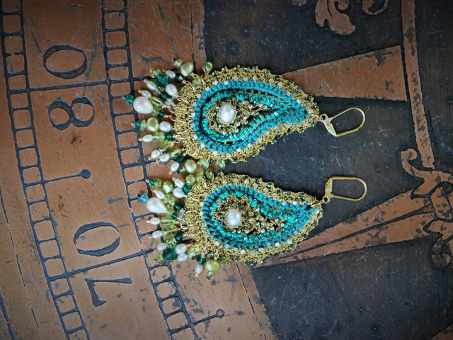 Amazing Intricately Crocheted Peridot, Pearl and Crystal Paisley Earrings