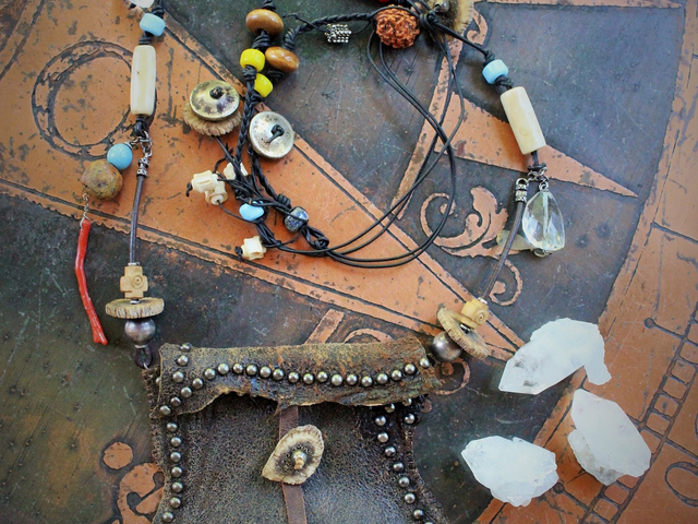 The Energy Amulet Necklace with Distressed Leather Pouch,3 Double Terminated Rock Crystals,Elk Antler Slices,Trade Beads & More!