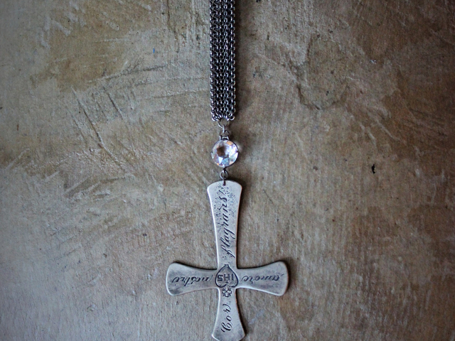 Burning with Our Love Necklace with French Sterling Engraved Sacred Heart Cross,Antique Faceted Rock Crystal Connector,Sterling Chain Tassel & Prong Set Rhinestone Chain