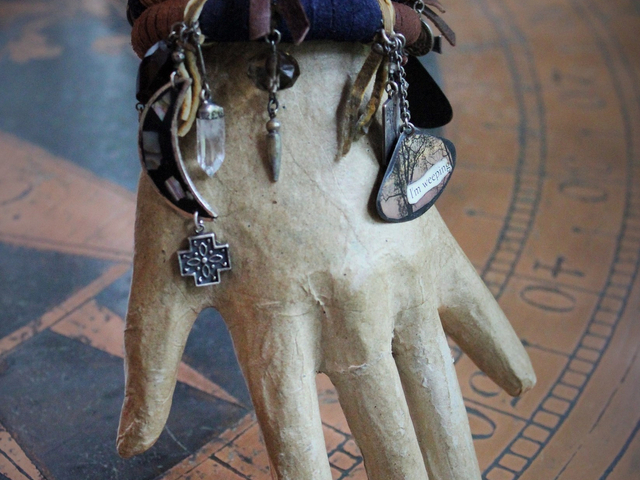 I am Weeping Bracelet Set with Leather Ties & Antique Buttons,Sterling Tarot Medal,Capped Quartz Point,Sterling Inlay Crescent Moon,Sterling Cross & More! 