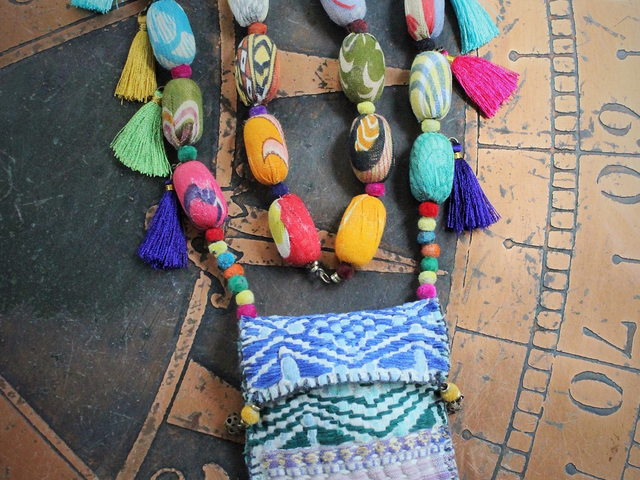 Joy is Prayer Necklace with Antique Kantha Wrapped Beads,Silk Tassels,Hand Stitched Kantha Pouch,9 Antique Watch Part Vessels with Prayer Scrolls