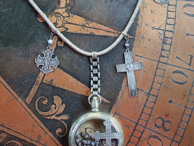 Most Loving Mother Necklace with Antique Watch Locket,Antique French Rosary,French Sacred Heart Cross & Medals, Antique Real Metal Trim Wrapped Chain