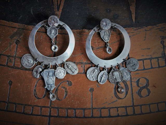NEW! Sterling Hoop Earrings with Rock Crystals,12 Antique French Medals,4 Antique Bezel Set Faceted Crystals